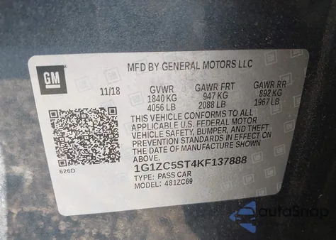 2019 Chevrolet Malibu 1Fl z USA, uszkodzony, nr VIN 1G1ZC5ST4KF137888